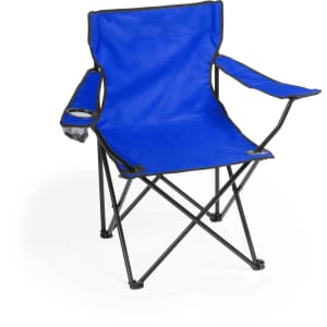A blue foldable camping chair with black accents and a cup holder on the armrest. It has a lightweight frame.