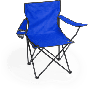A blue folding chair with armrests and a cup holder, supported by a black metal frame.