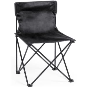 A black folding chair with a soft fabric seat and a sturdy black metal frame. It features a simple, compact design.