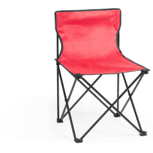 A red folding chair with a black frame, designed for leisure and outdoor use. It features a simple, streamlined design.