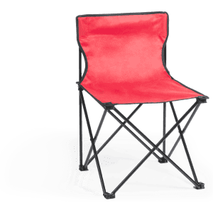 A red folding chair with a black metal frame, designed for leisure and outdoor use.