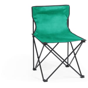 A green folding chair with a black frame, suitable for outdoor leisure activities.