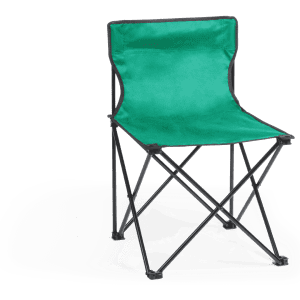A green folding chair with a black frame, designed for leisure and outdoor use. It features a simple, lightweight structure.