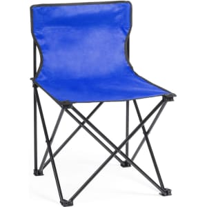 A blue folding chair with a black metal frame, featuring a simple design and compact structure.