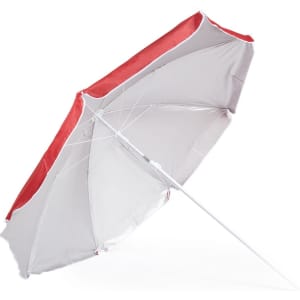 A beach umbrella in white and red, featuring a sturdy frame and a logo. Ideal for leisure and outdoor use.