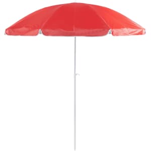 A red beach umbrella with a white pole, designed for leisure and outdoor use. Features a branding logo.