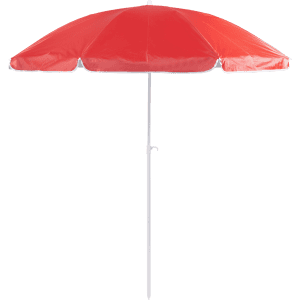 A red beach umbrella with a white pole and canopy edge, featuring a branding logo.