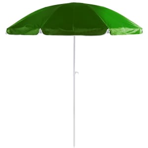A green beach umbrella with a white pole, featuring a rounded top and eight panels.