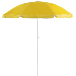 A yellow beach umbrella with a white pole, designed for outdoor leisure use. It features a simple, practical design.
