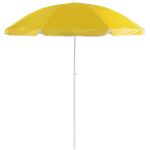 A yellow beach umbrella with a white pole, featuring a simple design and a curved canopy.