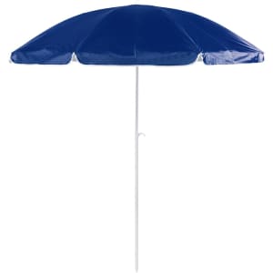 A navy blue beach umbrella with a white pole and multiple sections for shade. It features a logo on the canopy.