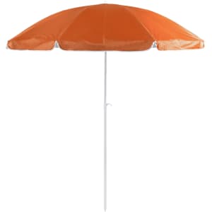 An orange beach umbrella with a white pole, designed for leisure and outdoor use.