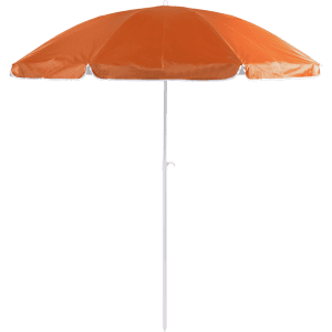 An orange beach umbrella with a white pole and trim, featuring a simple design.