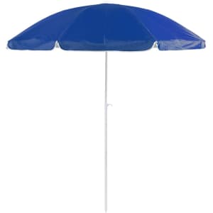 A blue beach umbrella with a white pole, designed for outdoor leisure. It features a simple, functional design.