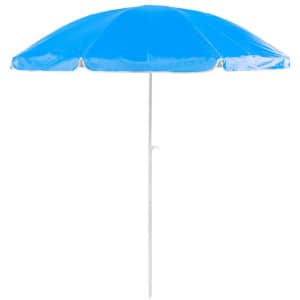 A blue beach umbrella with a white pole, designed for leisure and outdoor use. It features a classic shape.