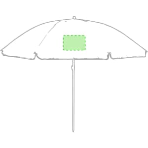 A beach umbrella with a light-coloured canopy and a central pole, featuring a logo on the top section.