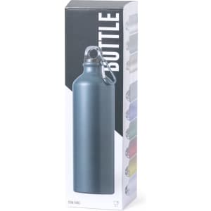 A drink bottle in a sleek dark blue design, packaged in a box showcasing various colour options.