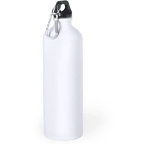 A drink bottle in white with a black cap and a carabiner attachment, featuring a sleek design and logo.