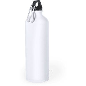 A drink bottle in white with a black cap and a silver carabiner attached.