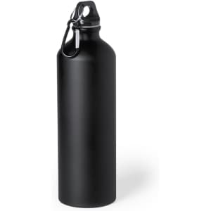 A drink bottle in matte black with a screw-top lid and a carabiner clip, featuring a logo.
