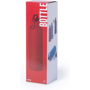 A drink bottle in a red packaging, showcasing bottles in blue, red, and metallic shades. The packaging features a logo.