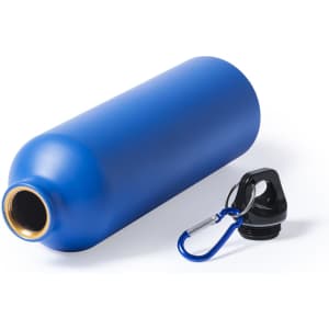 A drink bottle in bright blue with a black screw cap and a carabiner attachment. It features a logo.