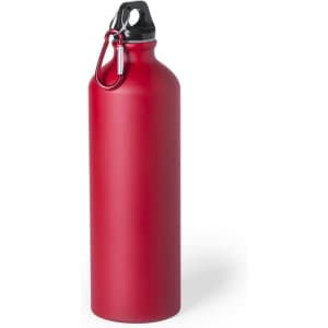 A drink bottle in vibrant red with a black cap and a metal carabiner attached for easy carrying.
