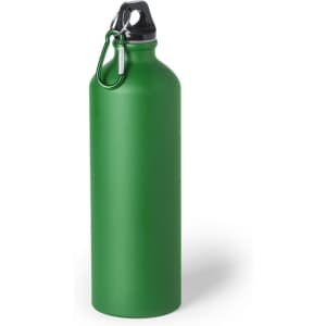 A drink bottle in a vibrant green colour with a black lid and a carabiner clip. It features a logo on the side.