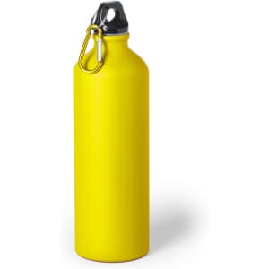 A drink bottle in bright yellow with a black cap and a metal carabiner attachment. It features a logo.