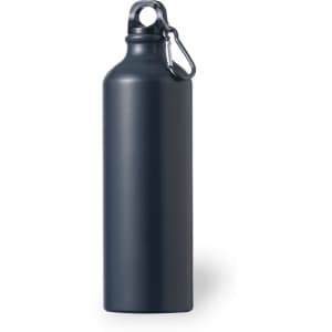 A drink bottle in dark navy blue with a sleek design and a metal carabiner attached. Features a logo.