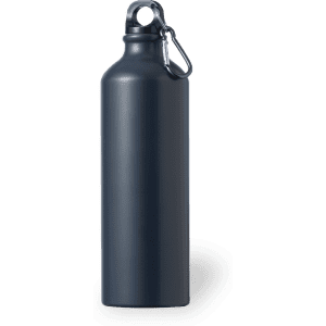 A drink bottle in matte black with a silver carabiner and a narrow neck design. Features a logo on the surface.