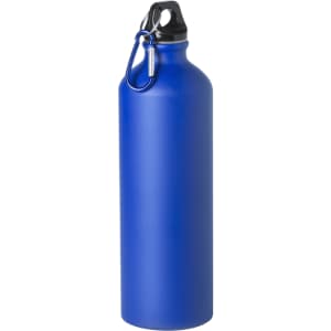 A drink bottle in a vibrant blue colour with a black lid and a metal carabiner attached.