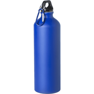 A drink bottle in a vibrant blue hue, featuring a black cap and a carabiner attachment.