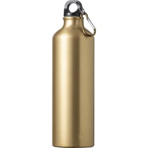 A drink bottle in a metallic gold finish, featuring a detachable cap and a clip for easy carrying.