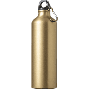 A drink bottle in a metallic gold finish, featuring a loop for easy carrying.