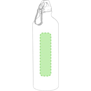 A drink bottle with a stainless steel finish, featuring a green panel and a metal carabiner clip.