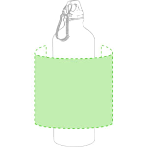 A drink bottle in a silver finish, featuring a green sleeve and a clip for carrying. It has a logo.