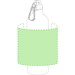 A drink bottle design featuring a green sleeve and a carabiner, with a blank area for custom branding.