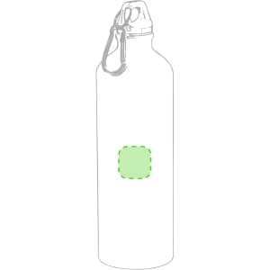 A drink bottle with a metal body and a carabiner clip. Features a blank green area for branding.