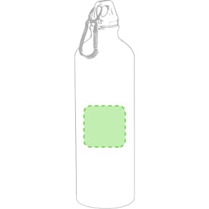 A drink bottle with a metal finish, featuring a green square area and a secure carabiner clip at the top.