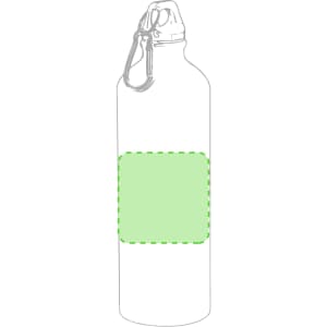 A drink bottle with a transparent section and a metal clasp, featuring a simple design in green and clear.