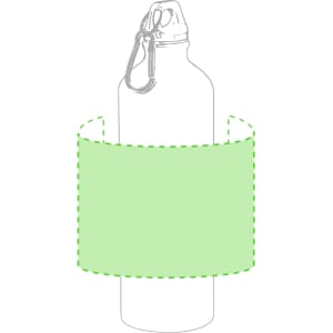 A drink bottle in silver with a carabiner clip, displayed with a green band around its centre.