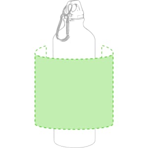 A drink bottle with a carabiner, featuring a light green sleeve, designed for carrying and insulation.
