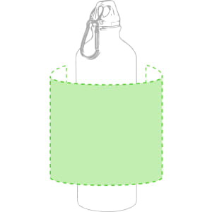 A drink bottle with a green sleeve and a silver carabiner. Features a simple, sleek design.