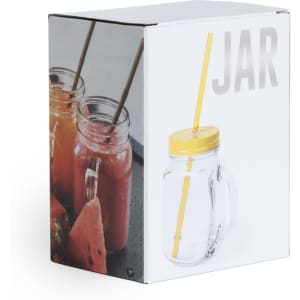 A drink bottle with a yellow lid and straw, packaged in a box featuring images of jars with drinks.