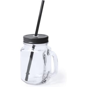 A drink bottle made of clear glass with a black lid and a black straw. It features a handle for easy grip.