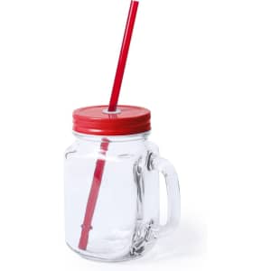 A drink bottle with a clear glass jar design, red lid, and red straw. It features a handle for easy grip.