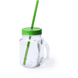 A drink bottle with a clear glass body, green lid, and matching green straw. It features a handle and a logo.
