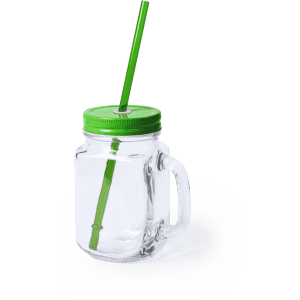 A drink bottle featuring a clear glass jar design with a green lid and matching straw.