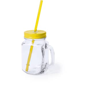 A drink bottle with a clear glass body, yellow lid, and yellow straw, featuring a handle for easy grip.